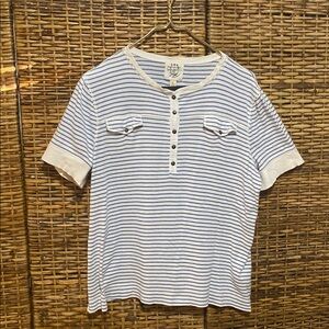 EUC Lauren Jeans Cotton Henley Blue White Stripes Pockets Short Sleeve Tshirt XL